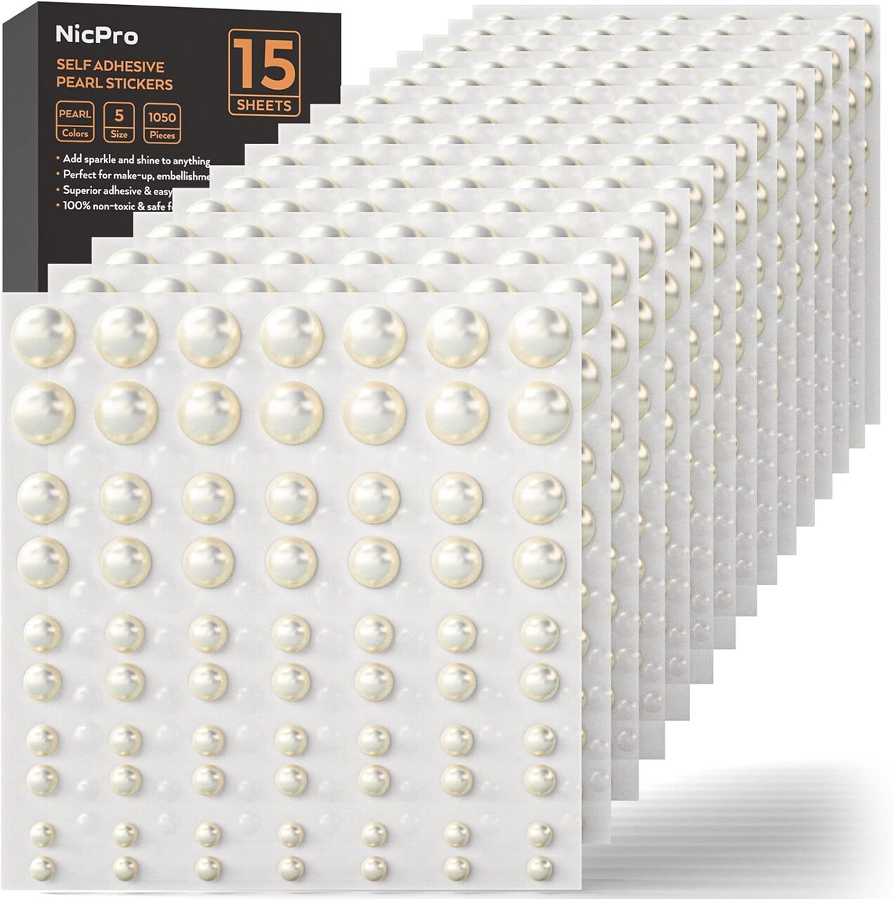 1050 Pcs Self-Adhesive Pearl Stickers – Nicpro Stick-On Makeup Pearl Gem Jewels in 5 Sizes (4mm, 5mm, 6mm, 8mm, 10mm) for Face, Body, Nails, Hair, Phone, Art, Crafts, and Scrapbooking Embellishments